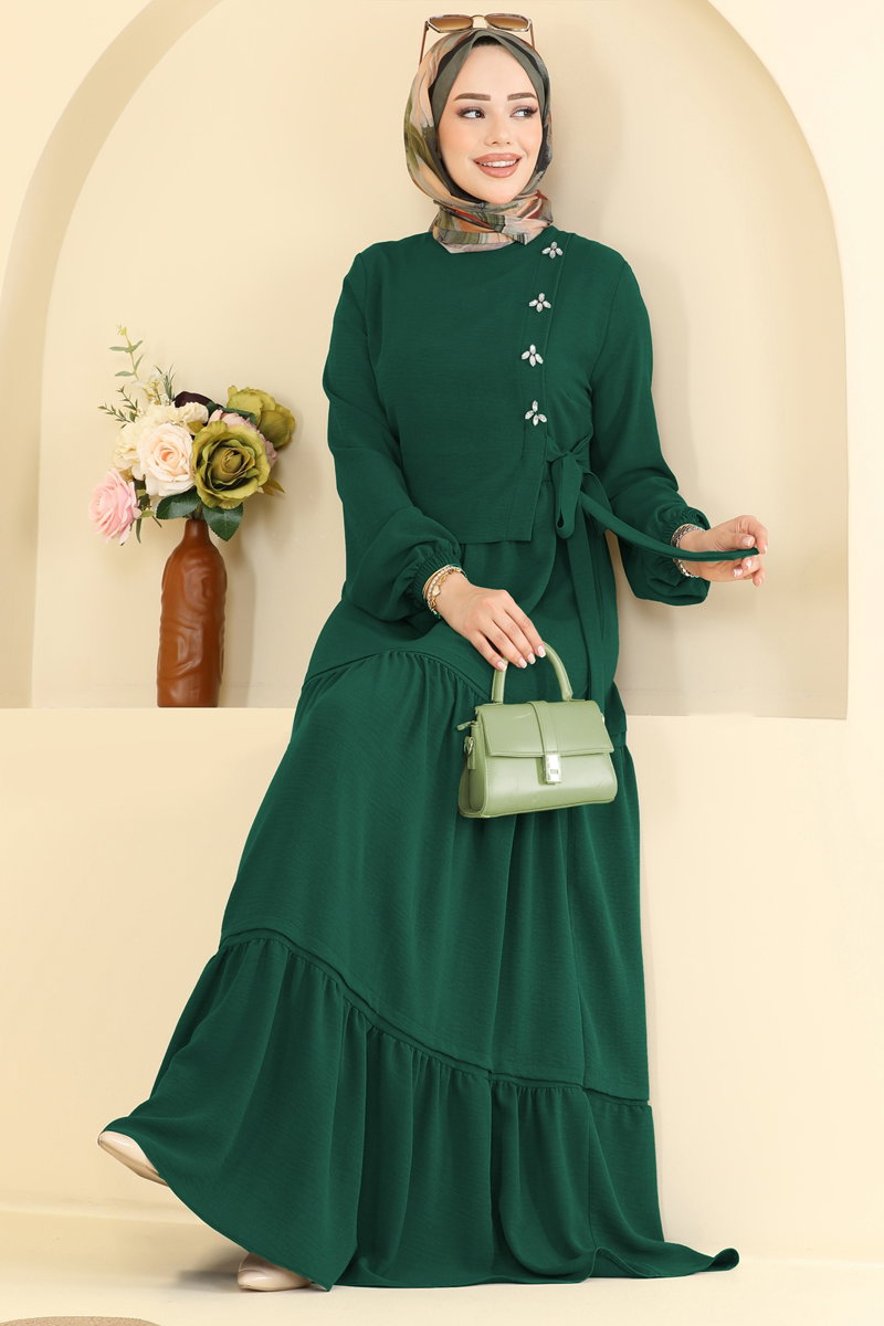 Elegant Stone-Detail Aerobin Dress - Teal