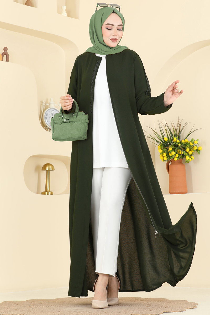 Elegant Stone-Detail Abaya Coat - Light Khaki