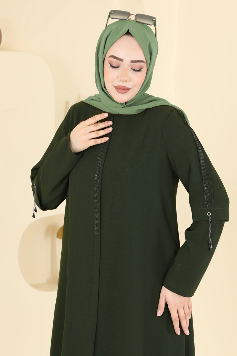 Elegant Stone-Detail Abaya Coat - Light Khaki