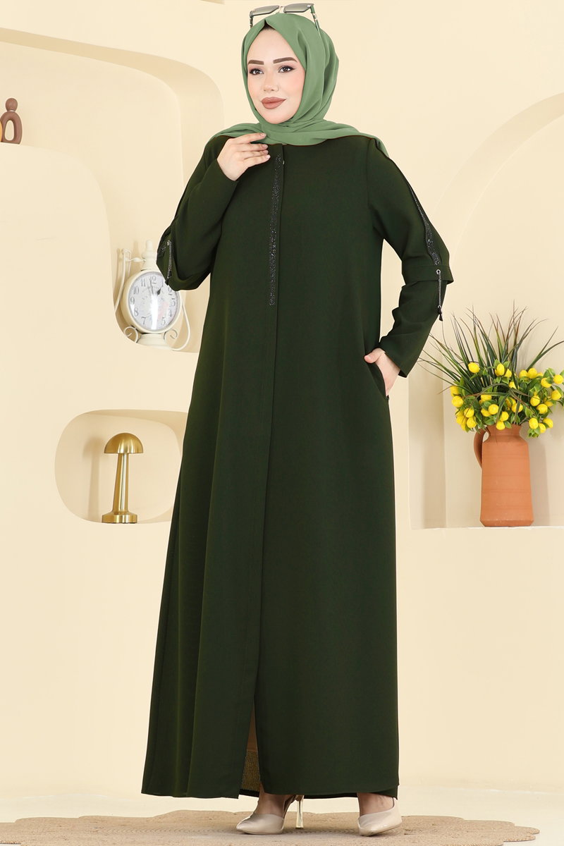 Elegant Stone-Detail Abaya Coat - Light Khaki
