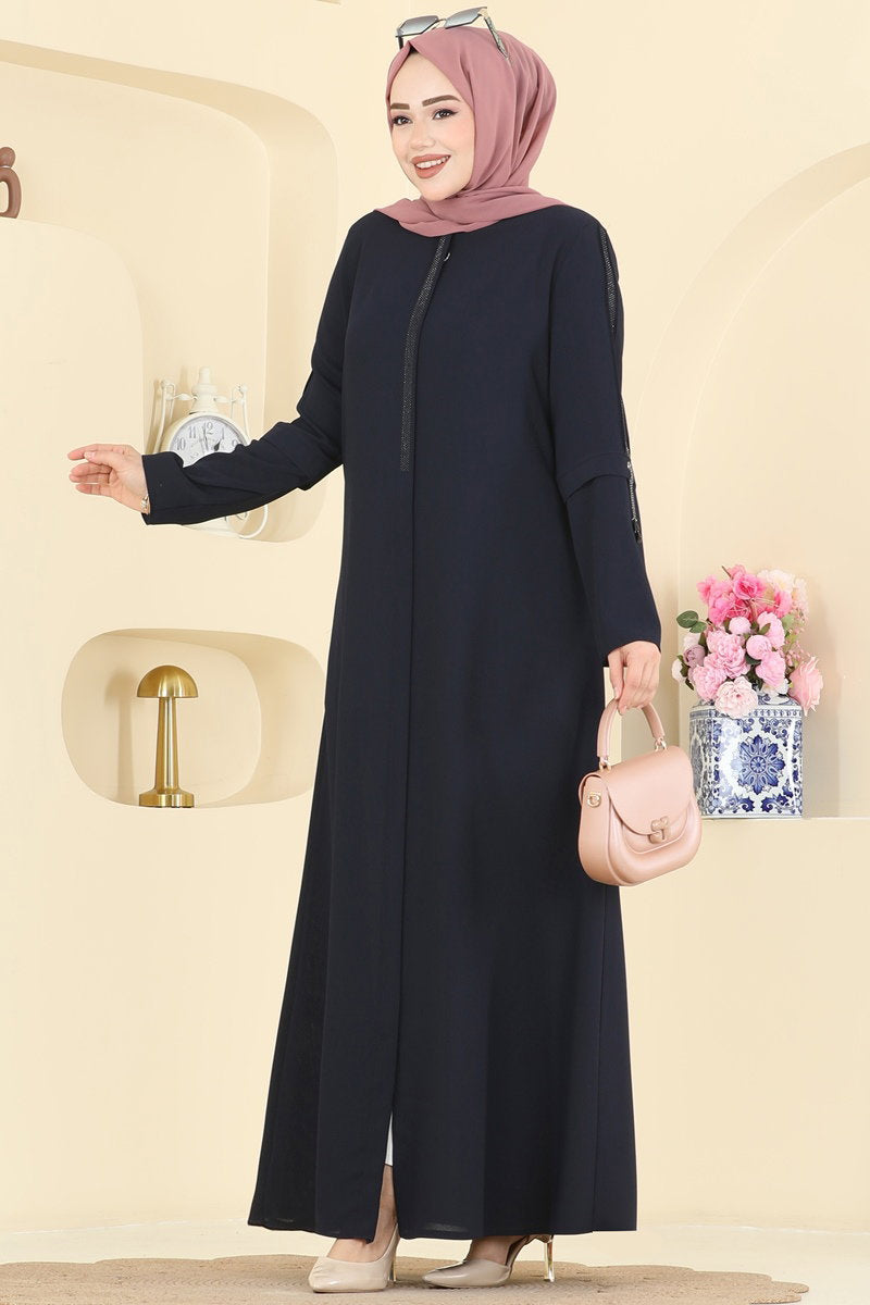 Elegant Stone-Detail Abaya Coat - Navy