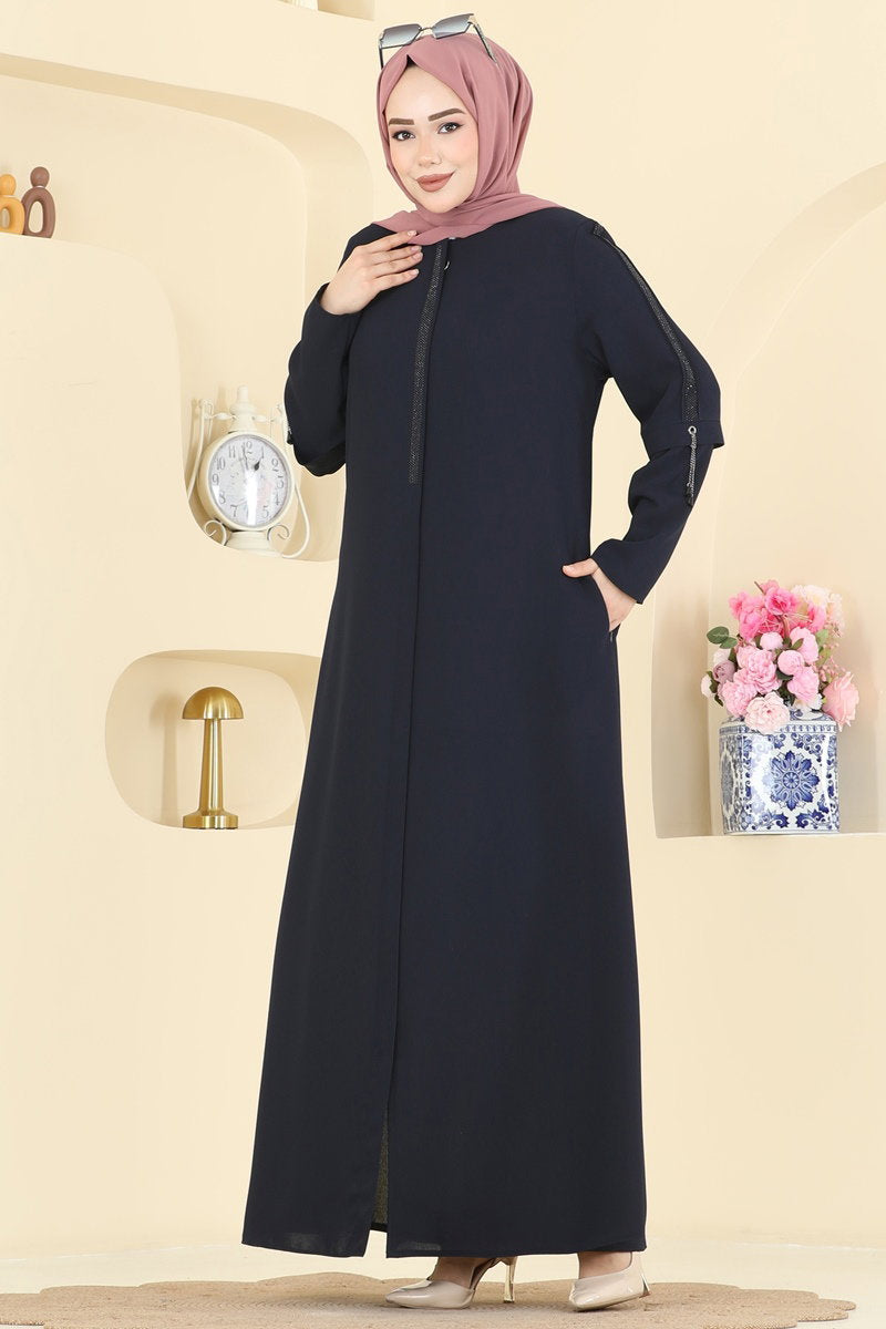 Elegant Stone-Detail Abaya Coat - Navy