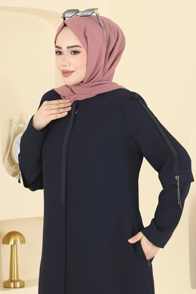 Elegant Stone-Detail Abaya Coat - Navy