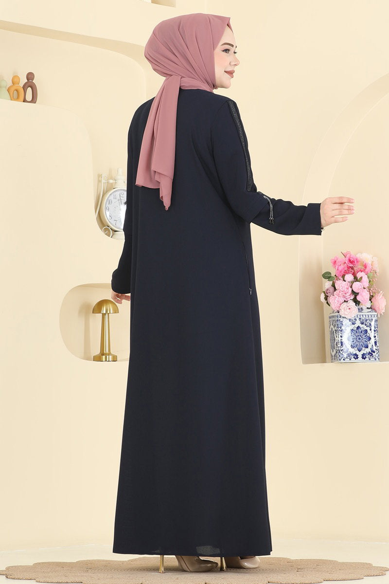 Elegant Stone-Detail Abaya Coat - Navy