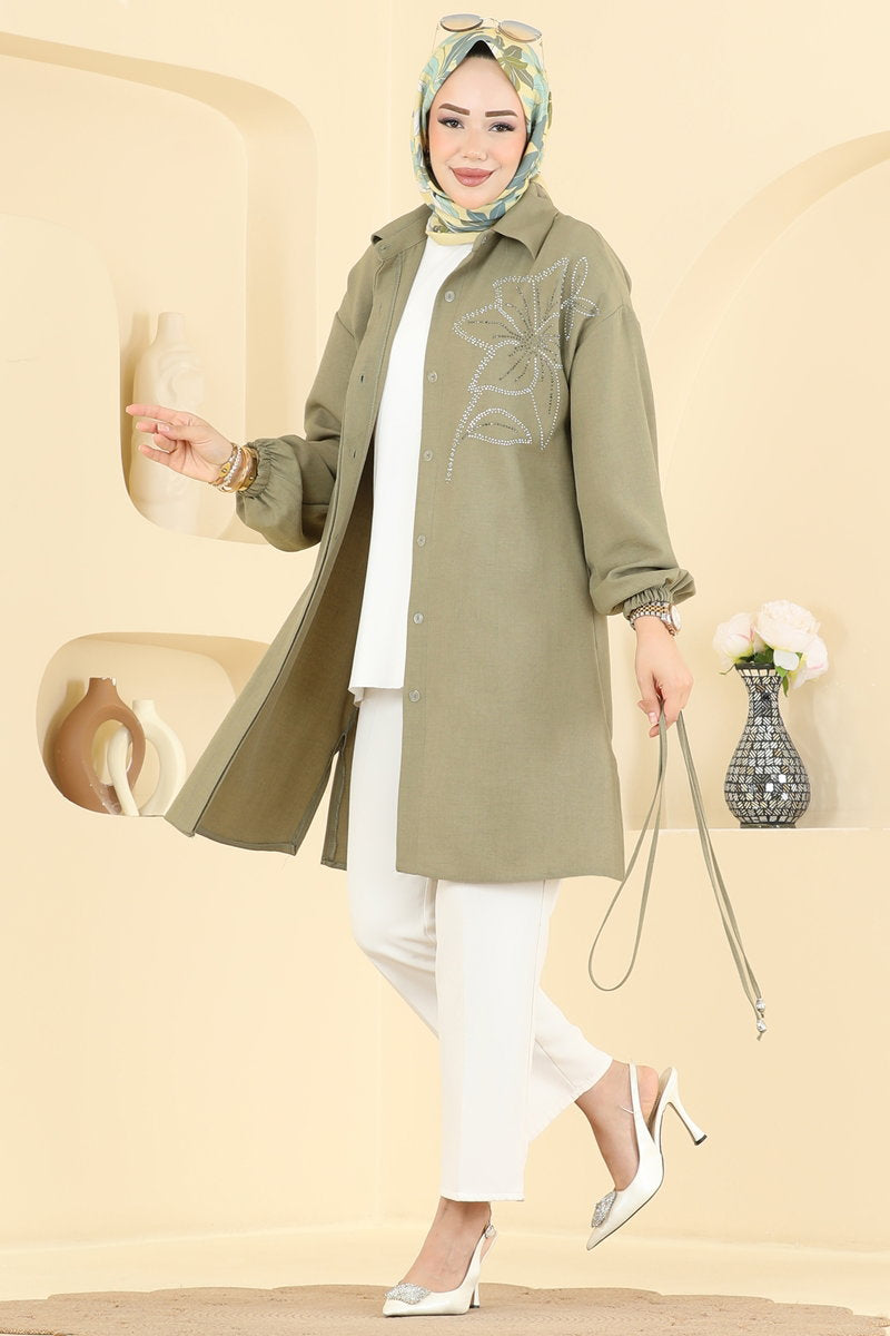 Elegant Linen Tunic with Stones - Almond Green
