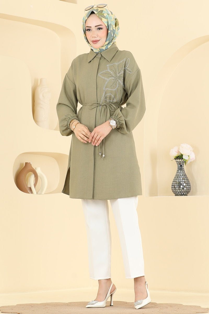 Elegant Linen Tunic with Stones - Almond Green