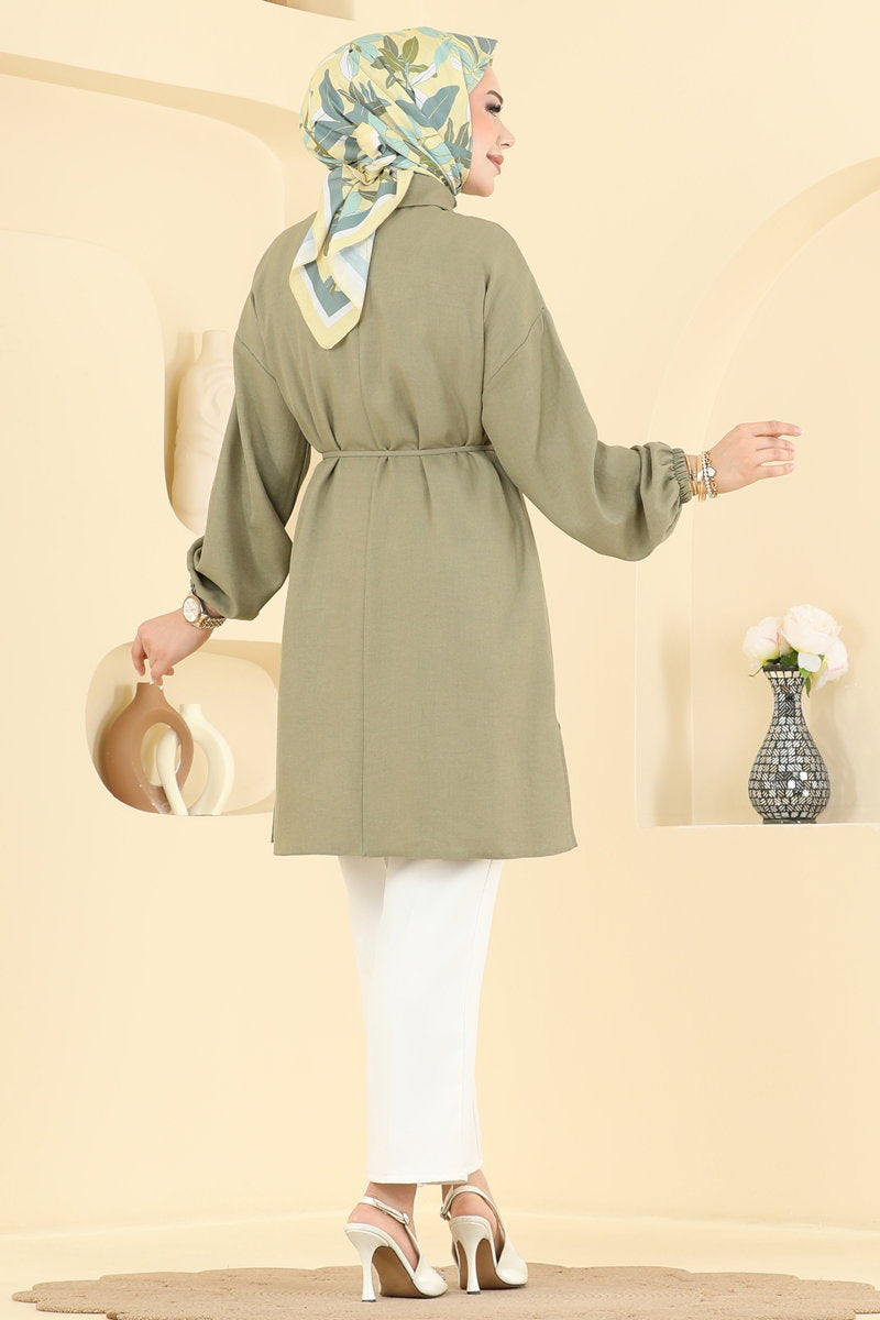 Elegant Linen Tunic with Stones - Almond Green