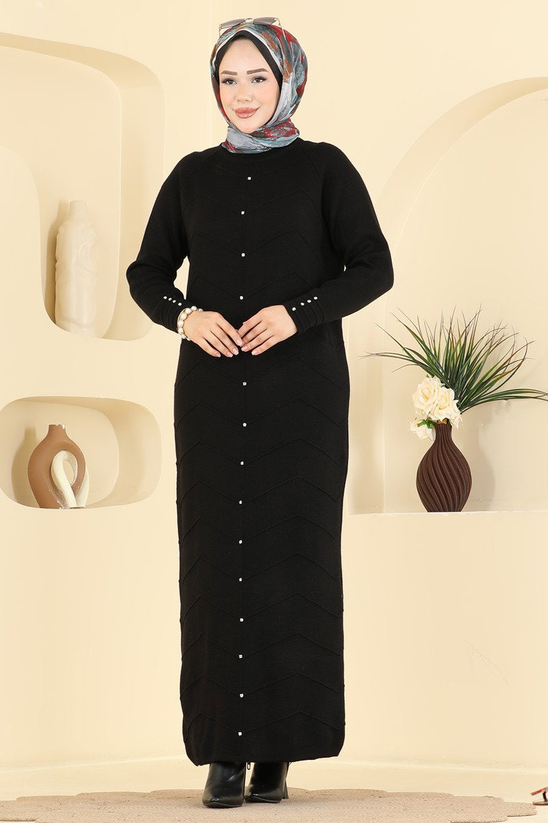 Stone-Embellished Knit Dress - Black