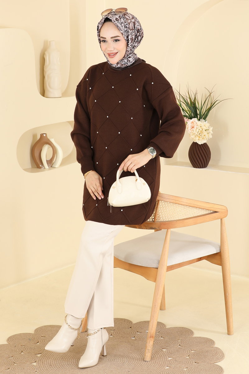Stone-Detail Knit Tunic - Brown