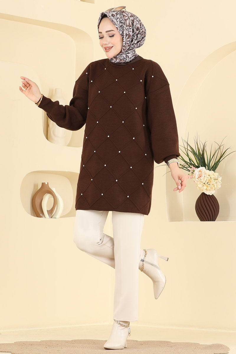 Stone-Detail Knit Tunic - Brown
