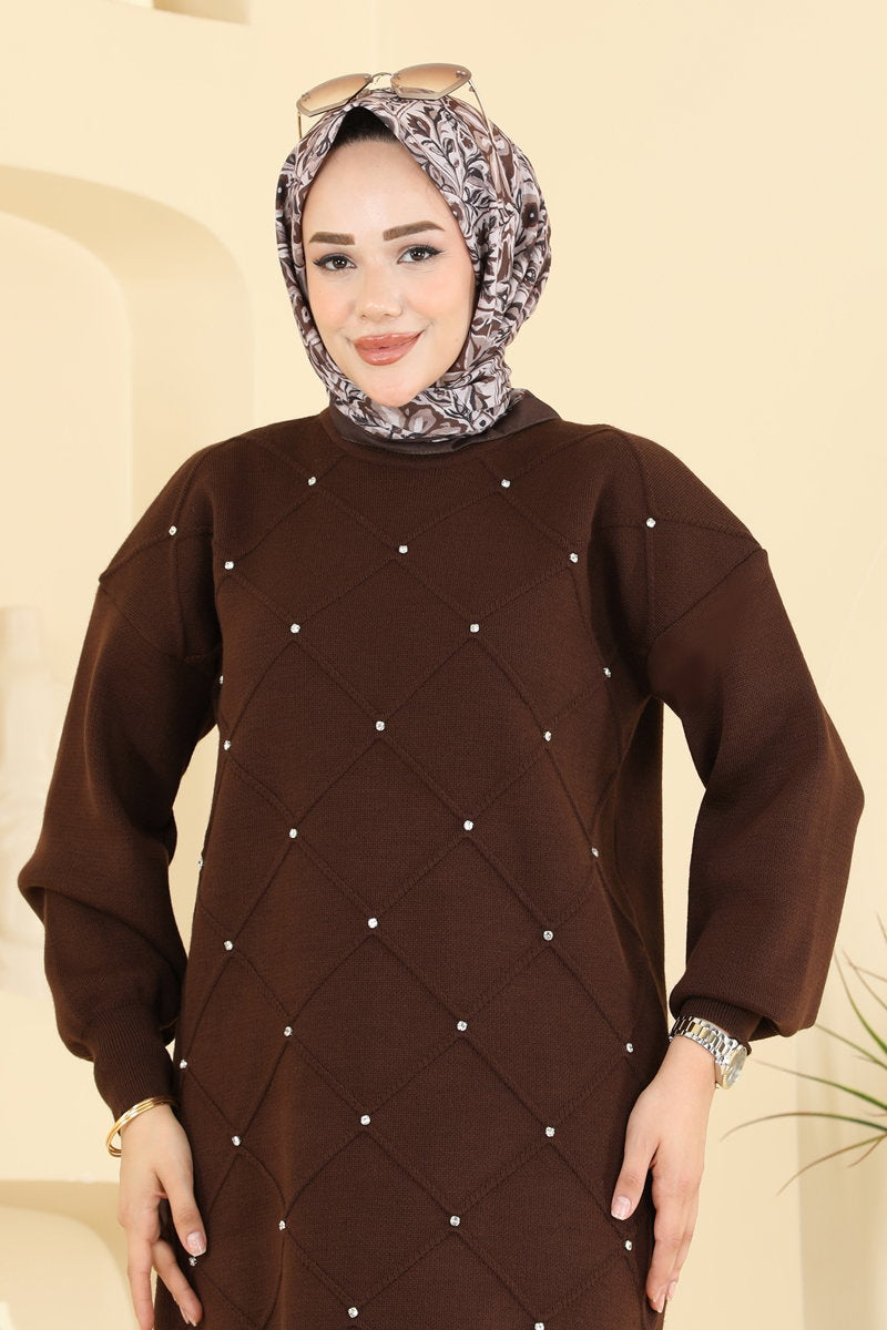 Stone-Detail Knit Tunic - Brown