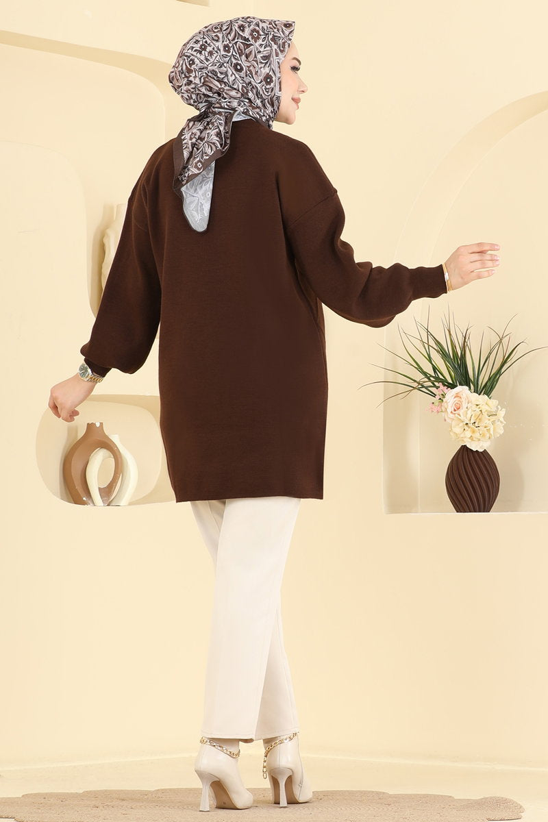 Stone-Detail Knit Tunic - Brown
