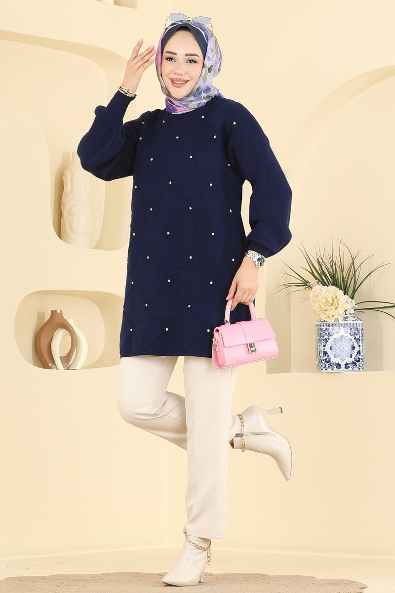 Stone-Detail Knit Tunic - Navy
