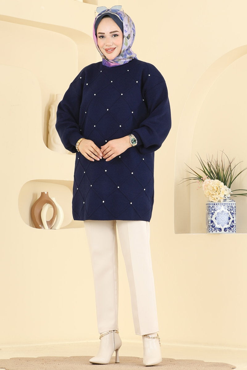 Stone-Detail Knit Tunic - Navy