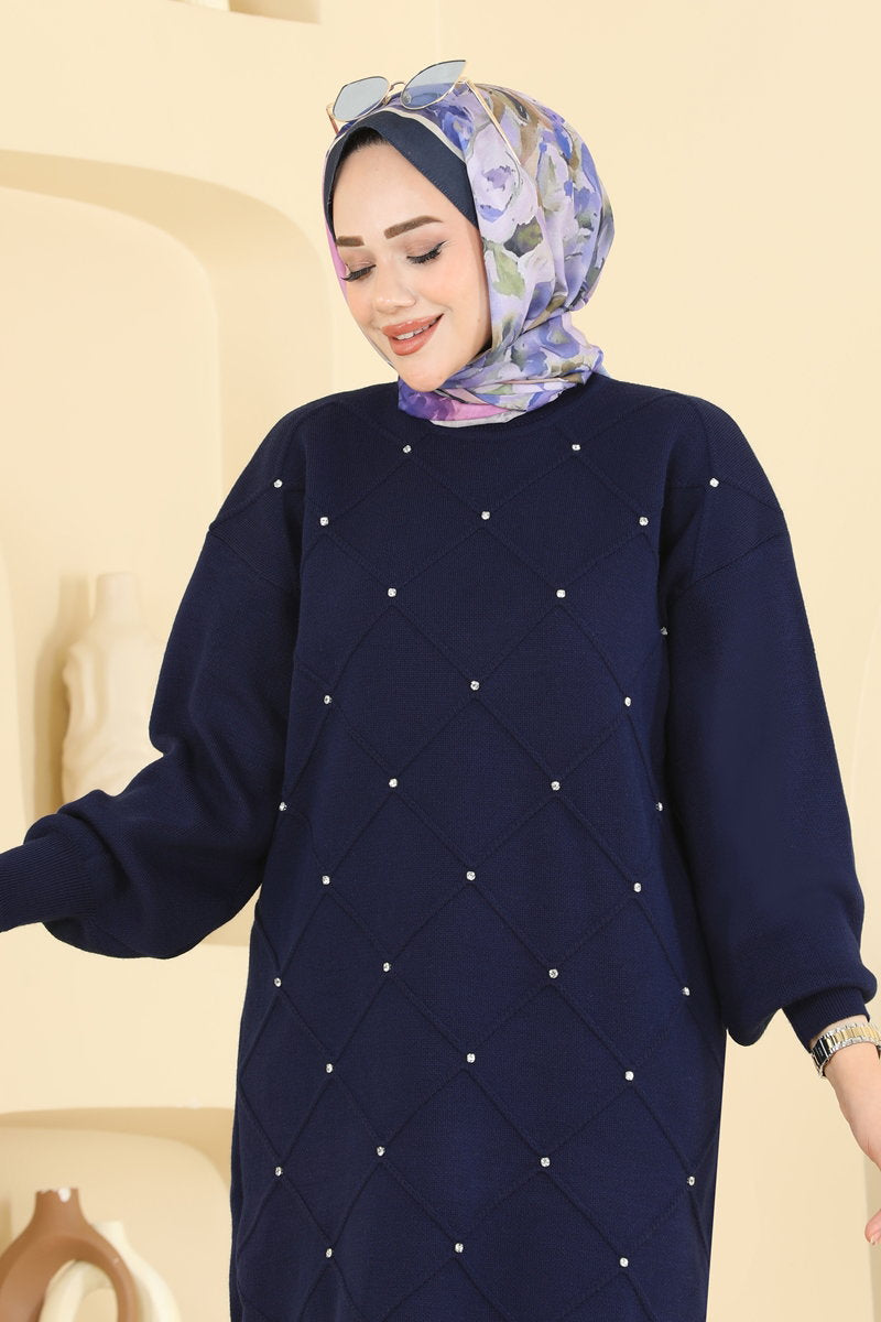 Stone-Detail Knit Tunic - Navy