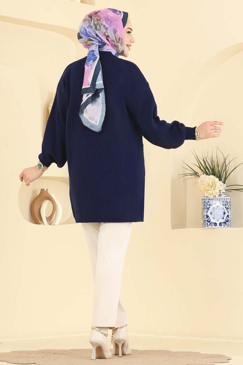 Stone-Detail Knit Tunic - Navy