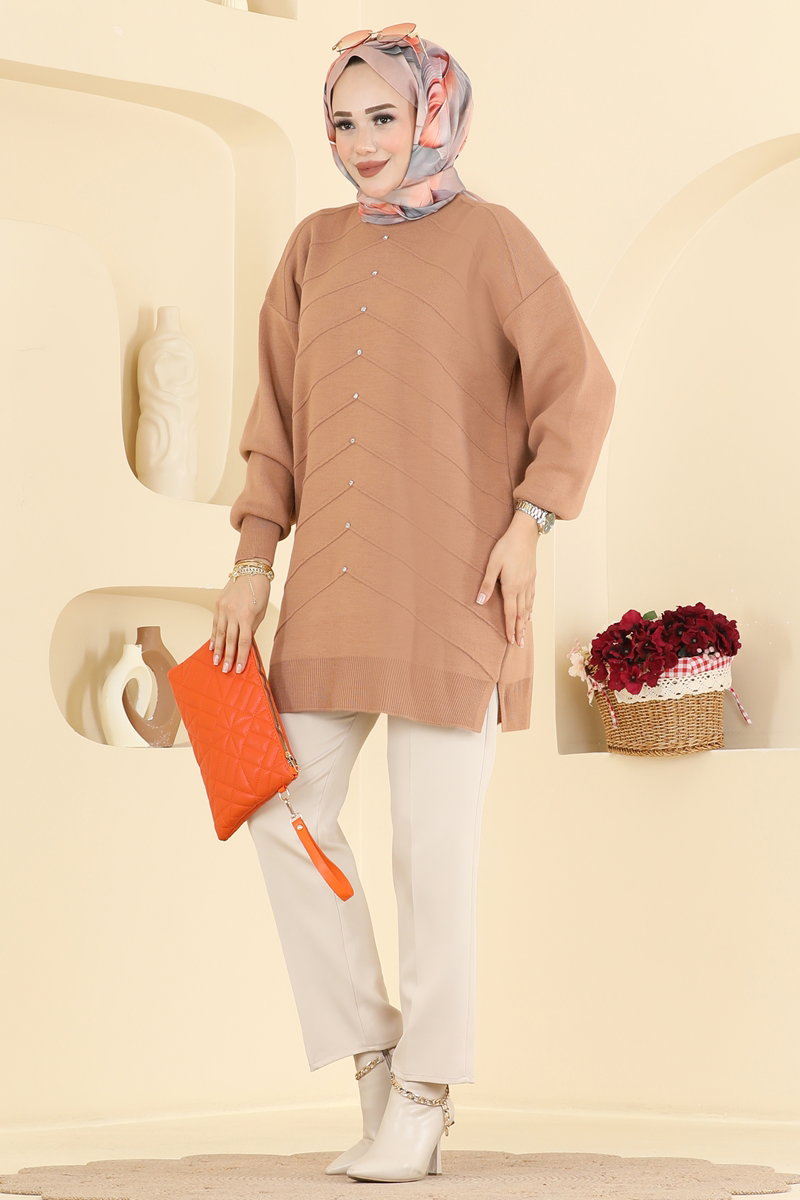 Stone-Embellished Knit Tunic - Mink