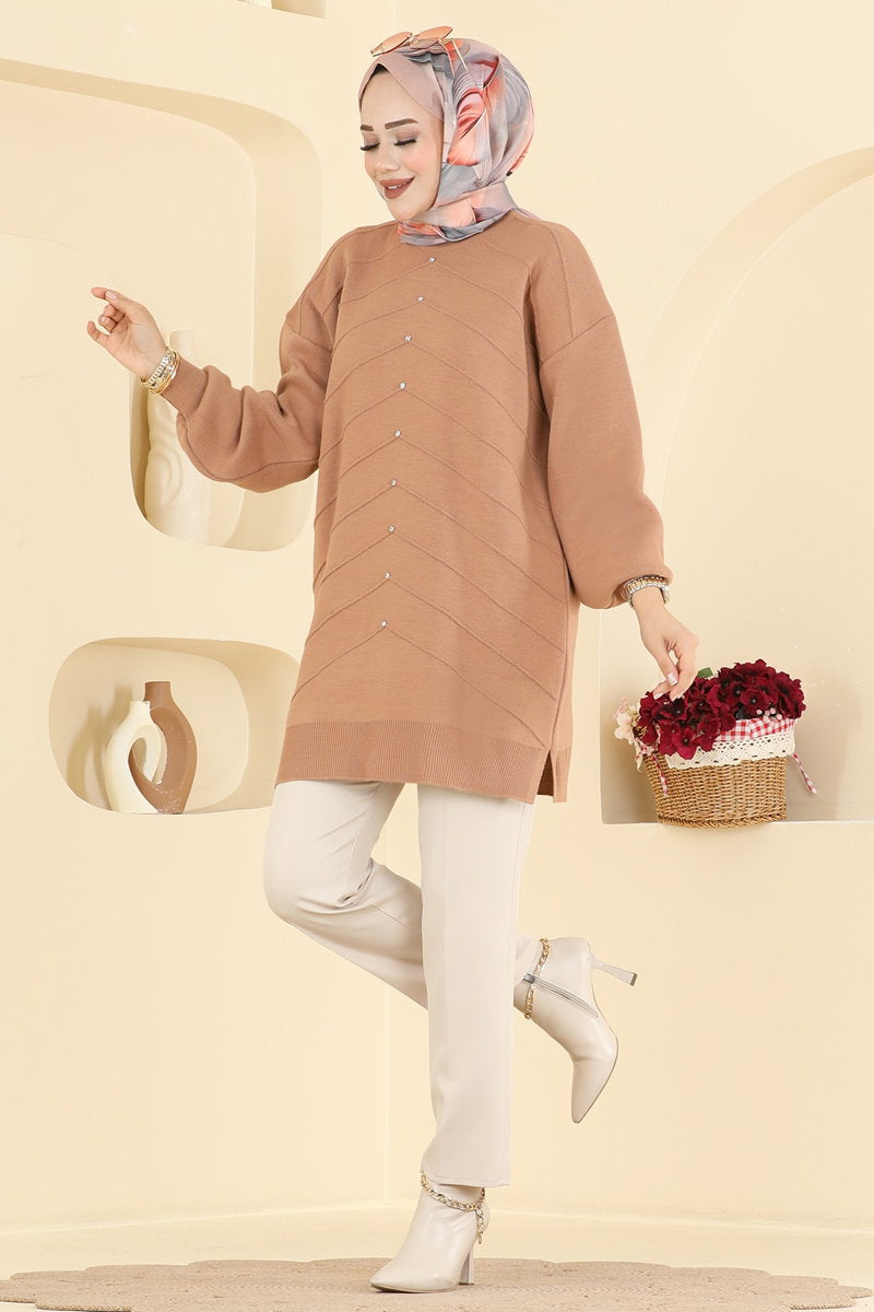 Stone-Embellished Knit Tunic - Mink