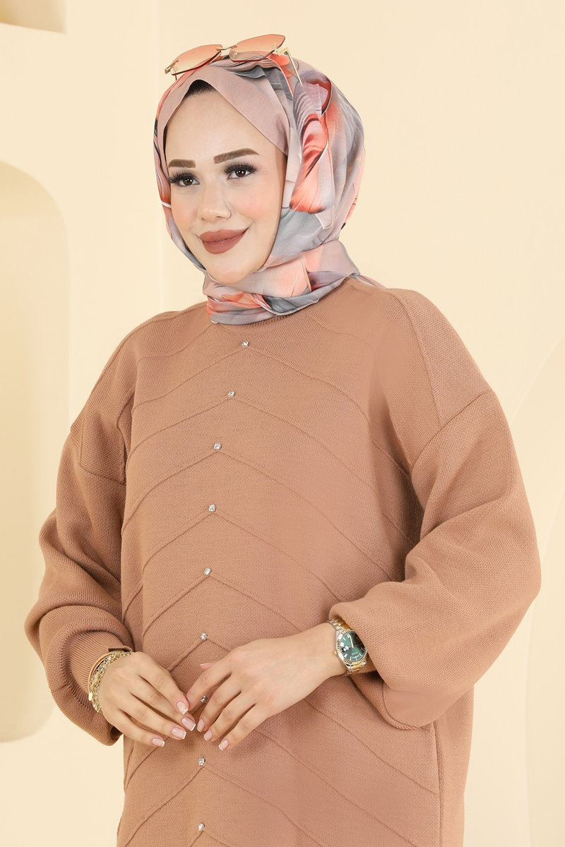 Stone-Embellished Knit Tunic - Mink