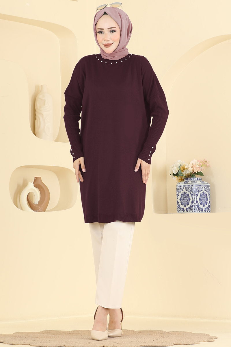 Embellished Knit Tunic - Burgundy