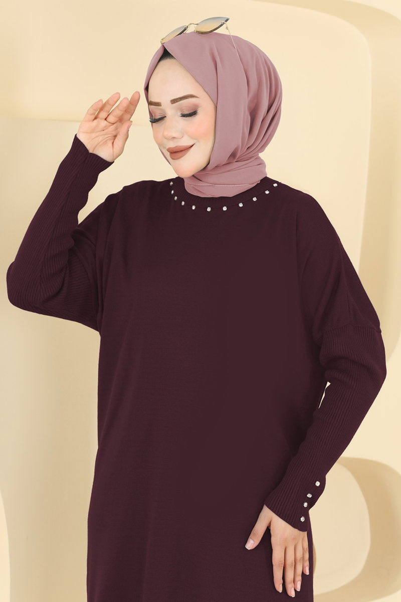 Embellished Knit Tunic - Burgundy