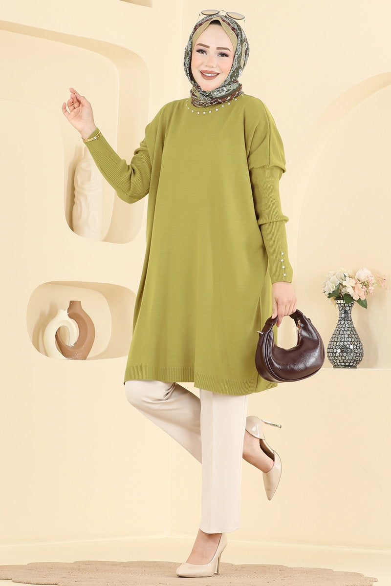 Embellished Knit Tunic - Olive