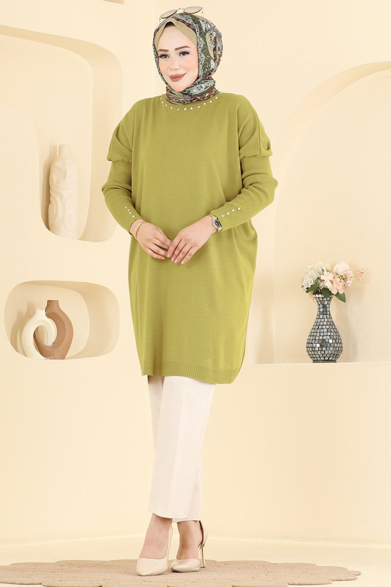 Embellished Knit Tunic - Olive