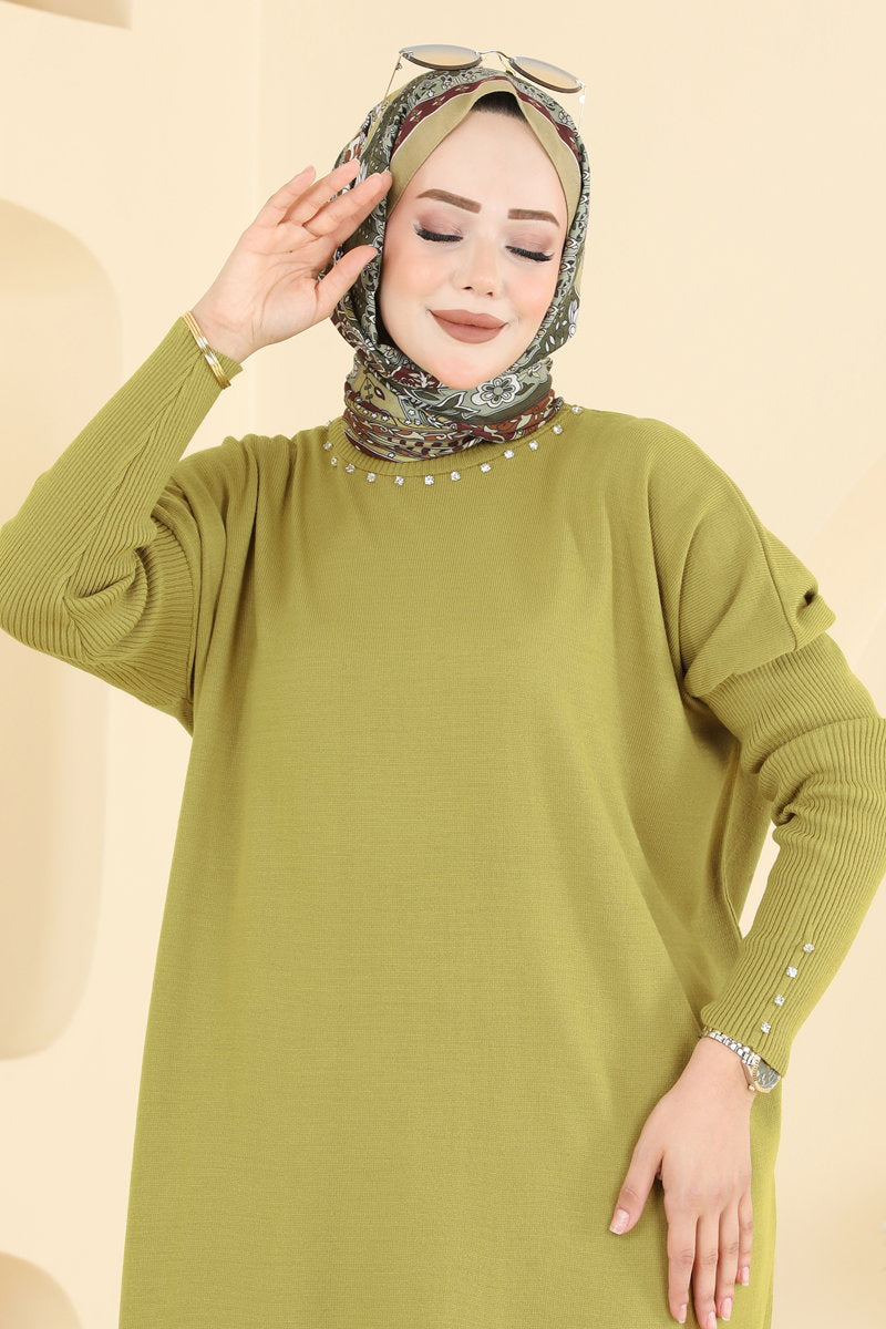 Embellished Knit Tunic - Olive