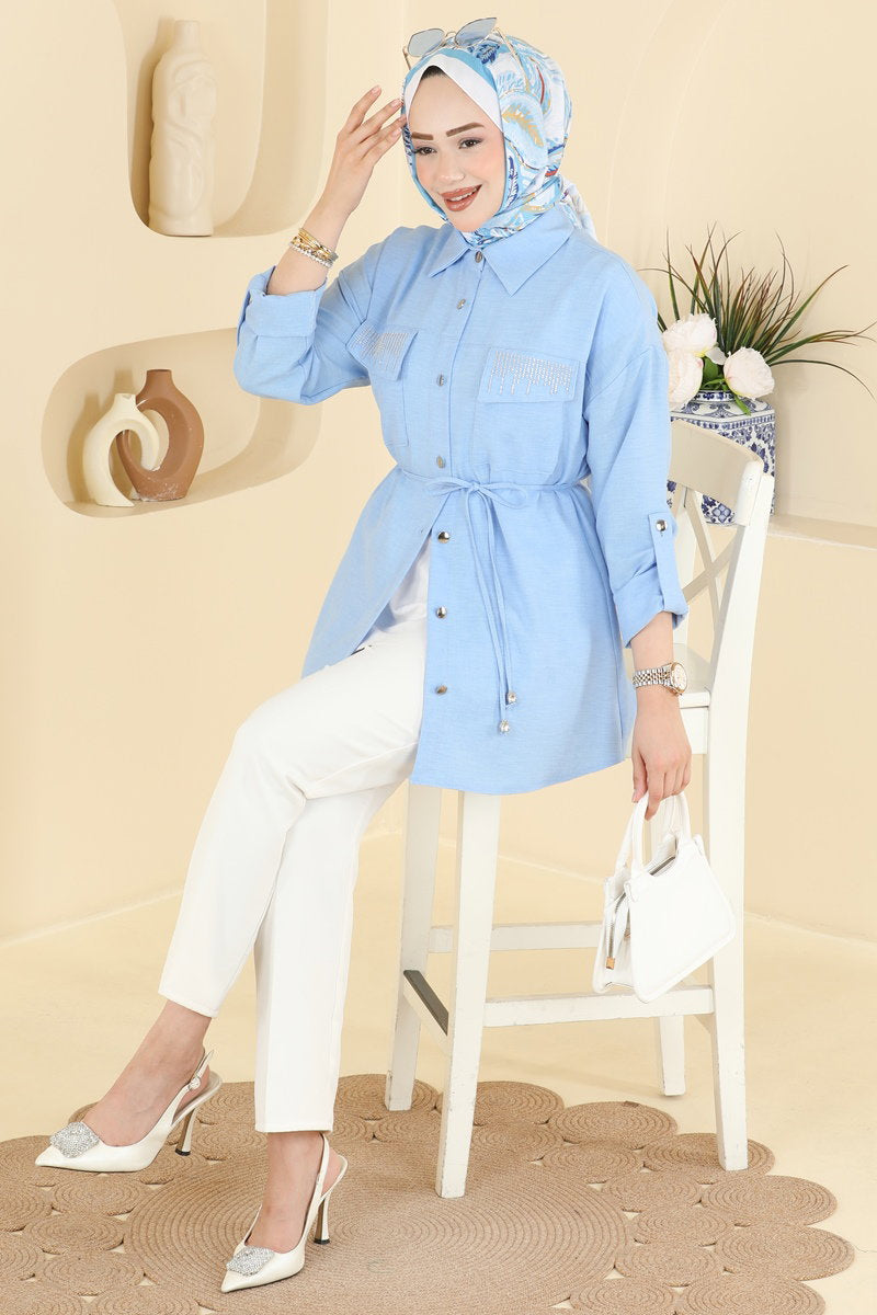 Stone-Detail Linen Tunic - Light Blue