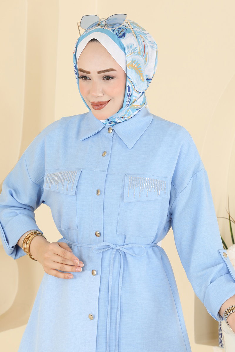 Stone-Detail Linen Tunic - Light Blue