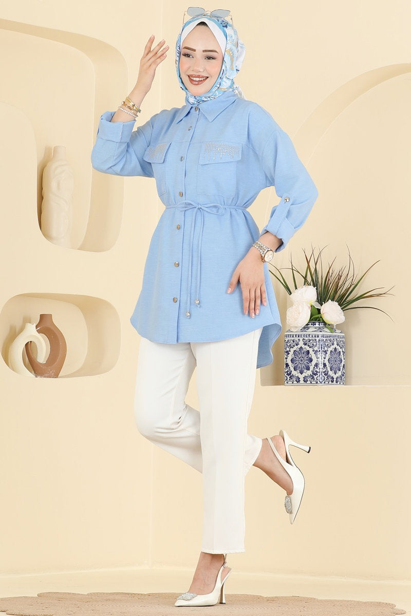 Stone-Detail Linen Tunic - Light Blue