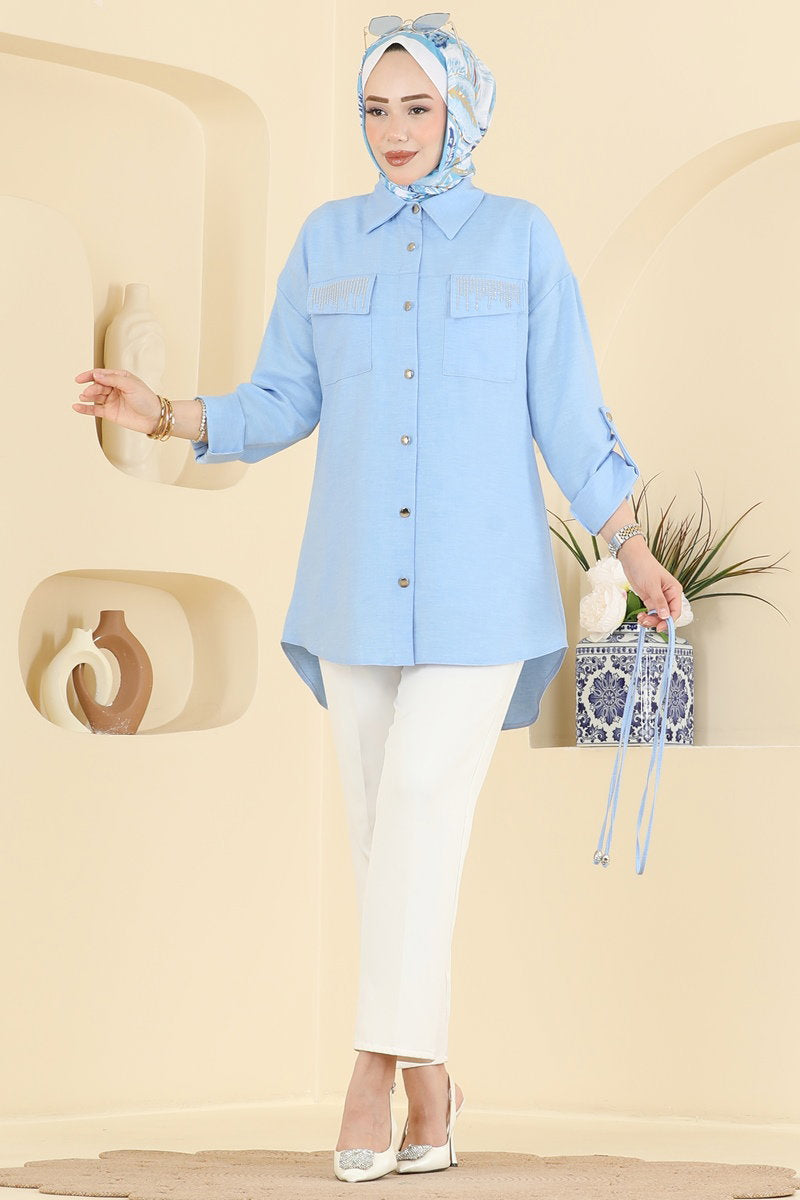 Stone-Detail Linen Tunic - Light Blue