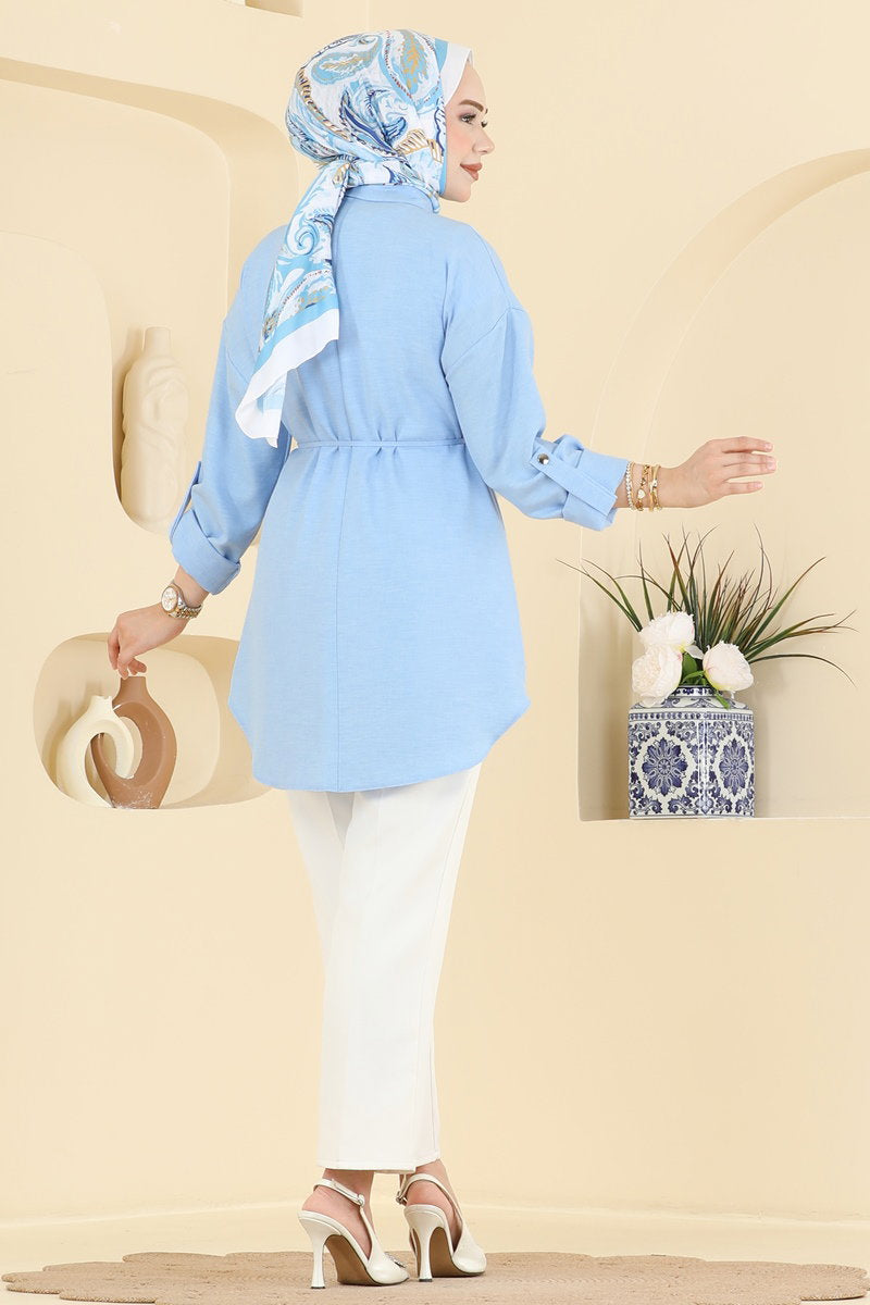 Stone-Detail Linen Tunic - Light Blue