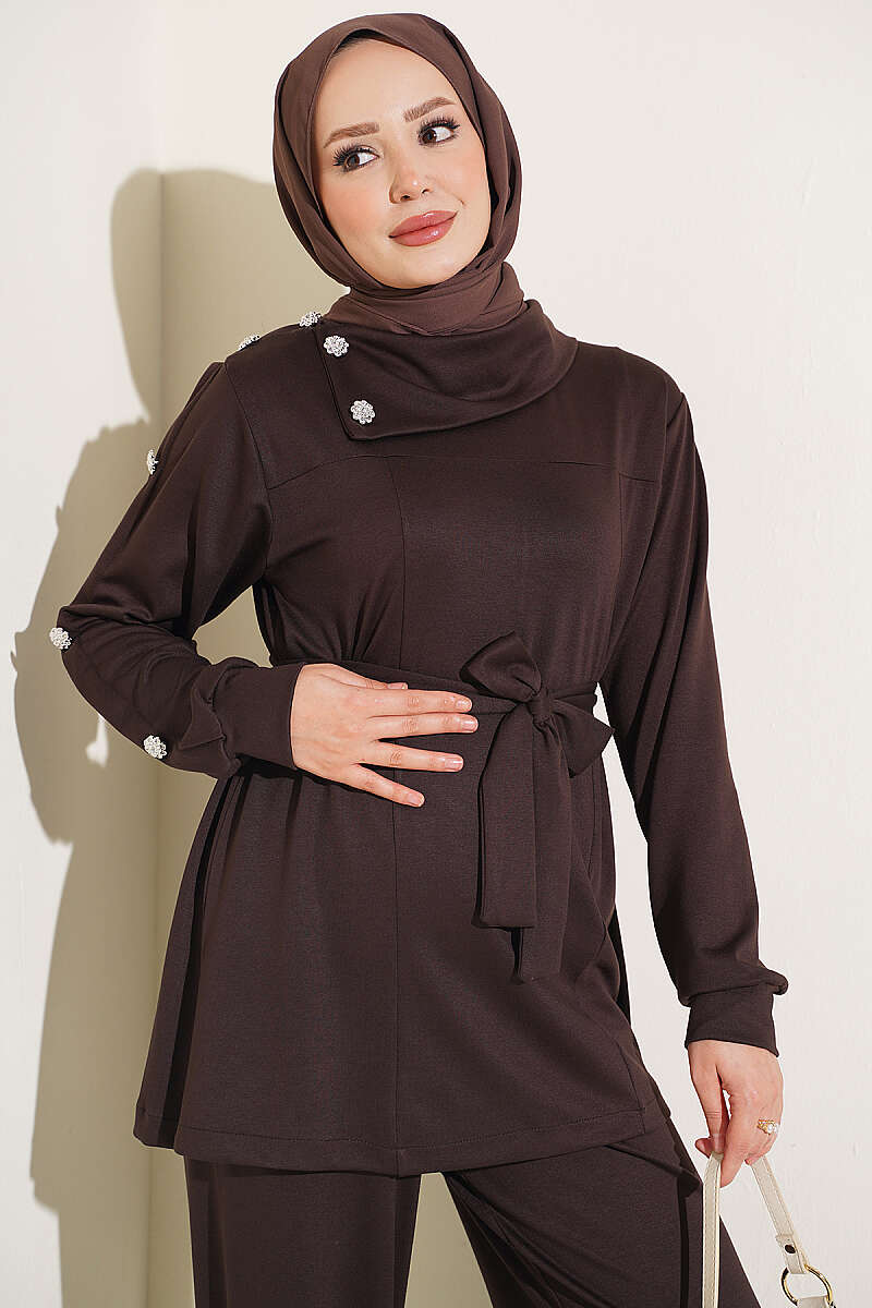 Two-Piece Set with Jewelled Buttons - Dark Brown