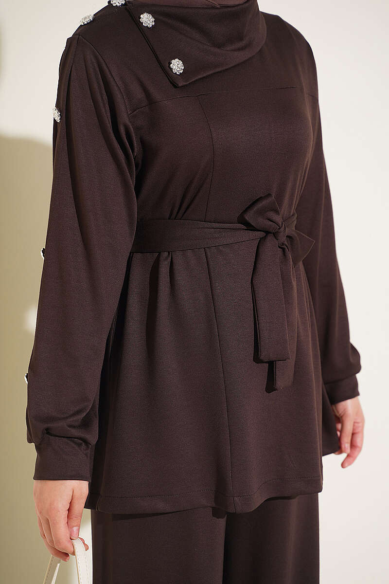Two-Piece Set with Jewelled Buttons - Dark Brown