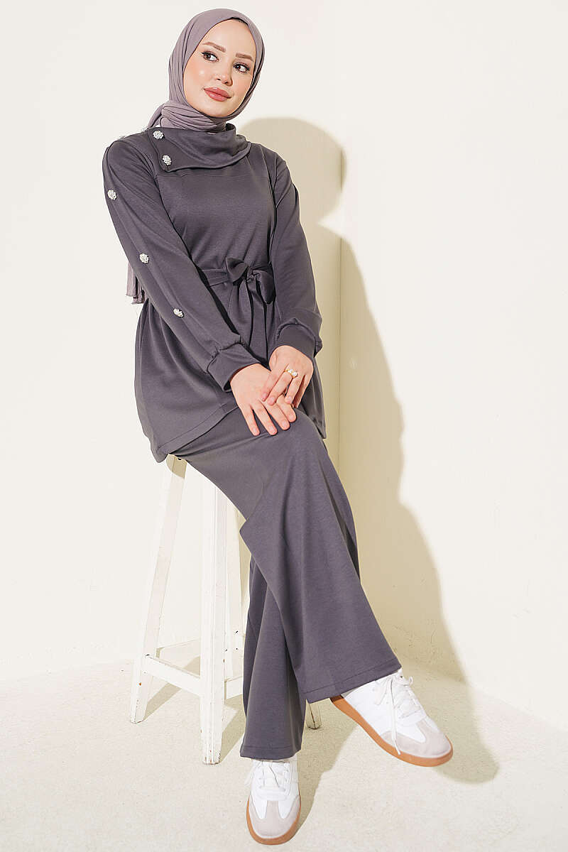 Two-Piece Set with Jewelled Buttons - Smoke Grey