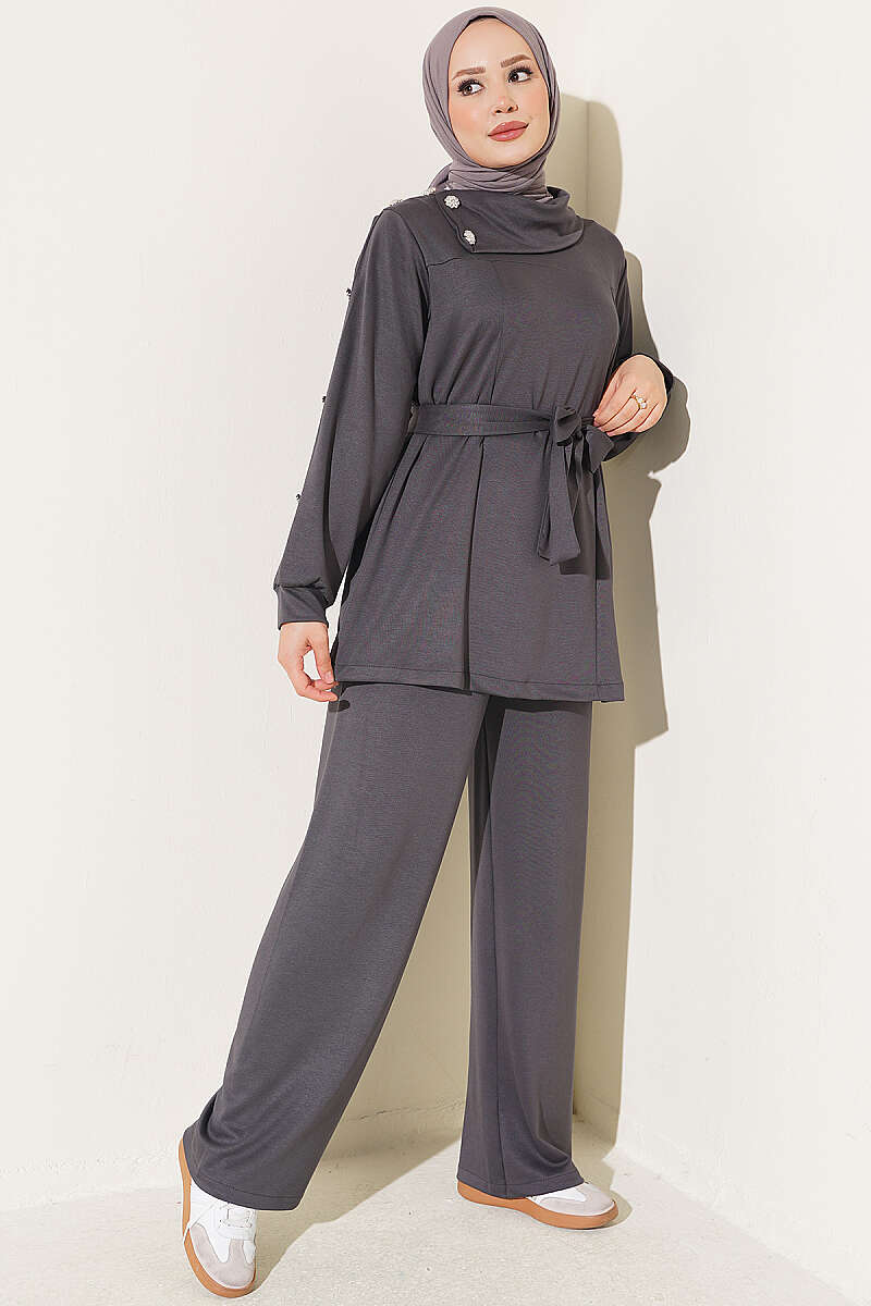 Two-Piece Set with Jewelled Buttons - Smoke Grey