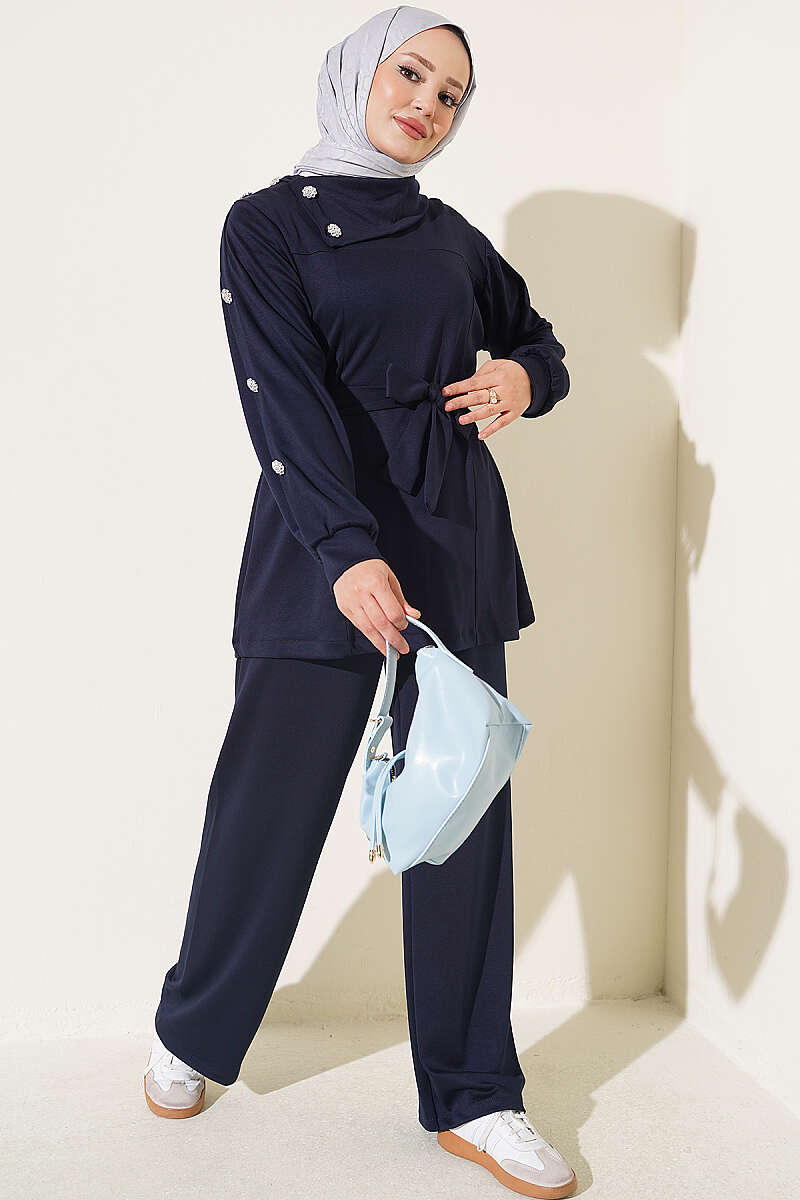 Two-Piece Set with Jewelled Buttons - Navy