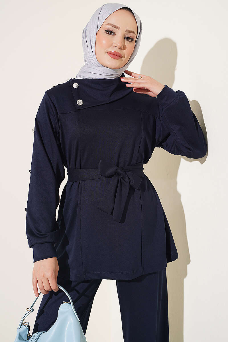 Two-Piece Set with Jewelled Buttons - Navy