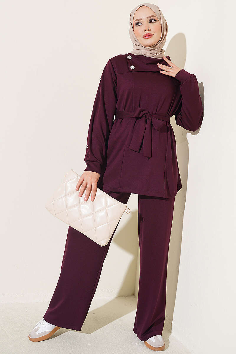 Two-Piece Set with Jewelled Buttons - Plum