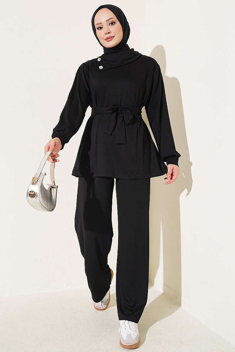 Two-Piece Set with Jewelled Buttons - Black