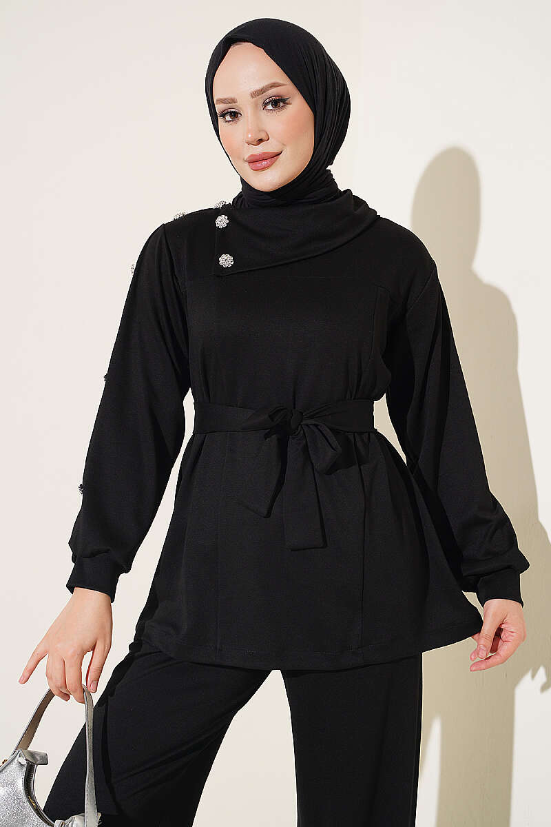 Two-Piece Set with Jewelled Buttons - Black