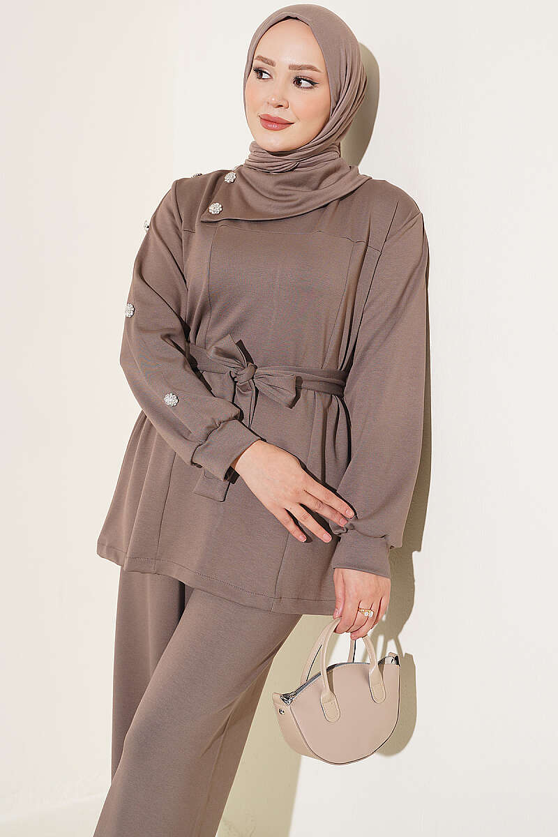 Two-Piece Set with Jewelled Buttons - Mink