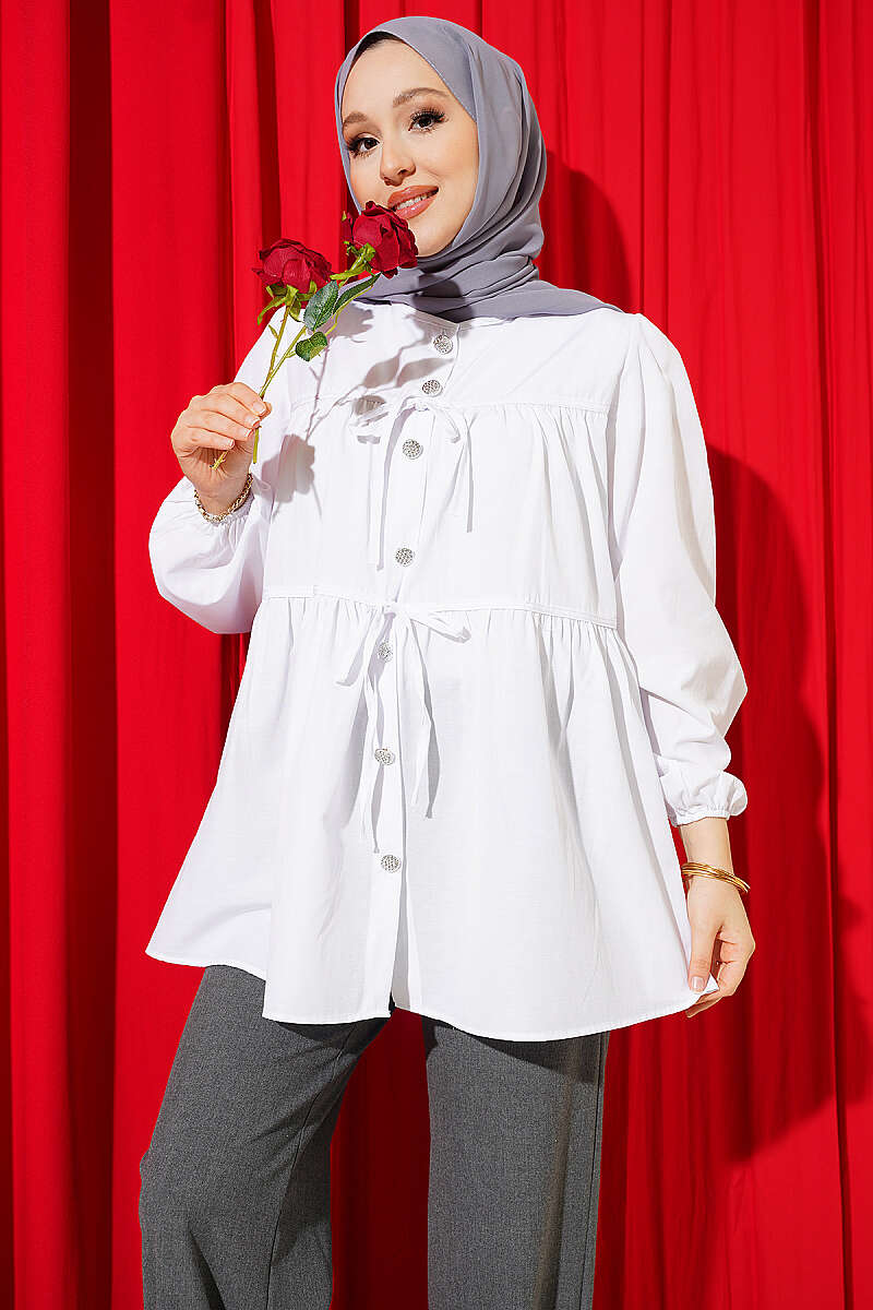 Gathered Shirt with Jewelled Buttons - White