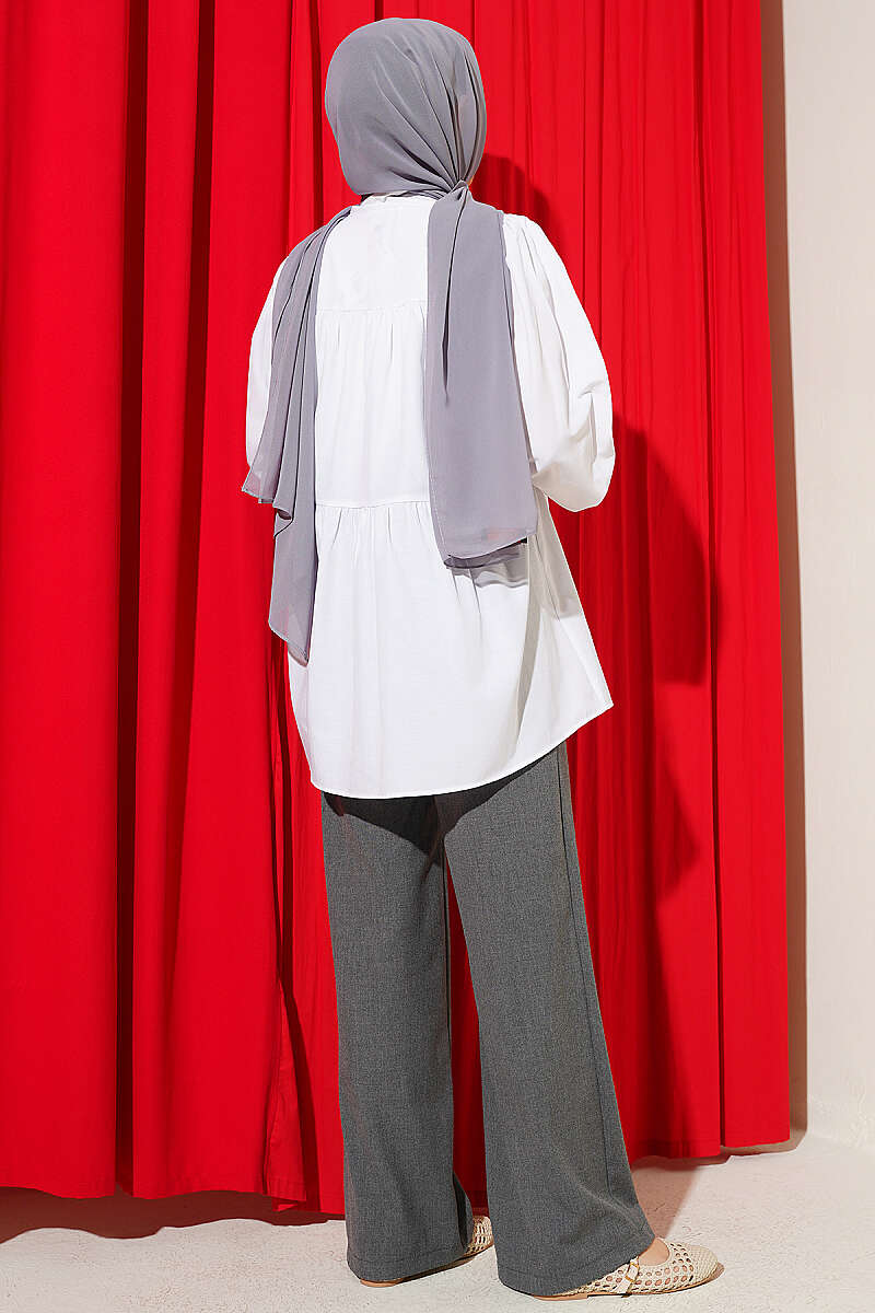 Gathered Shirt with Jewelled Buttons - White