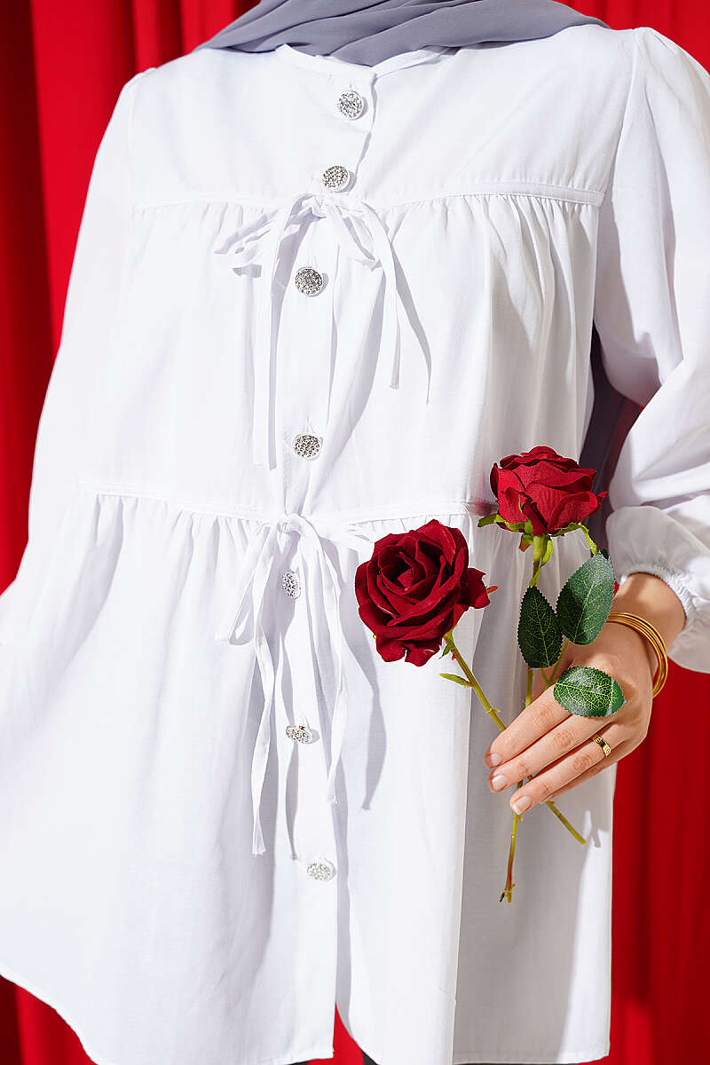 Gathered Shirt with Jewelled Buttons - White