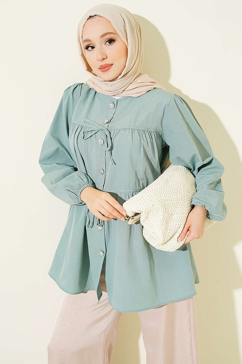 Gathered Shirt with Jewelled Buttons - Mint