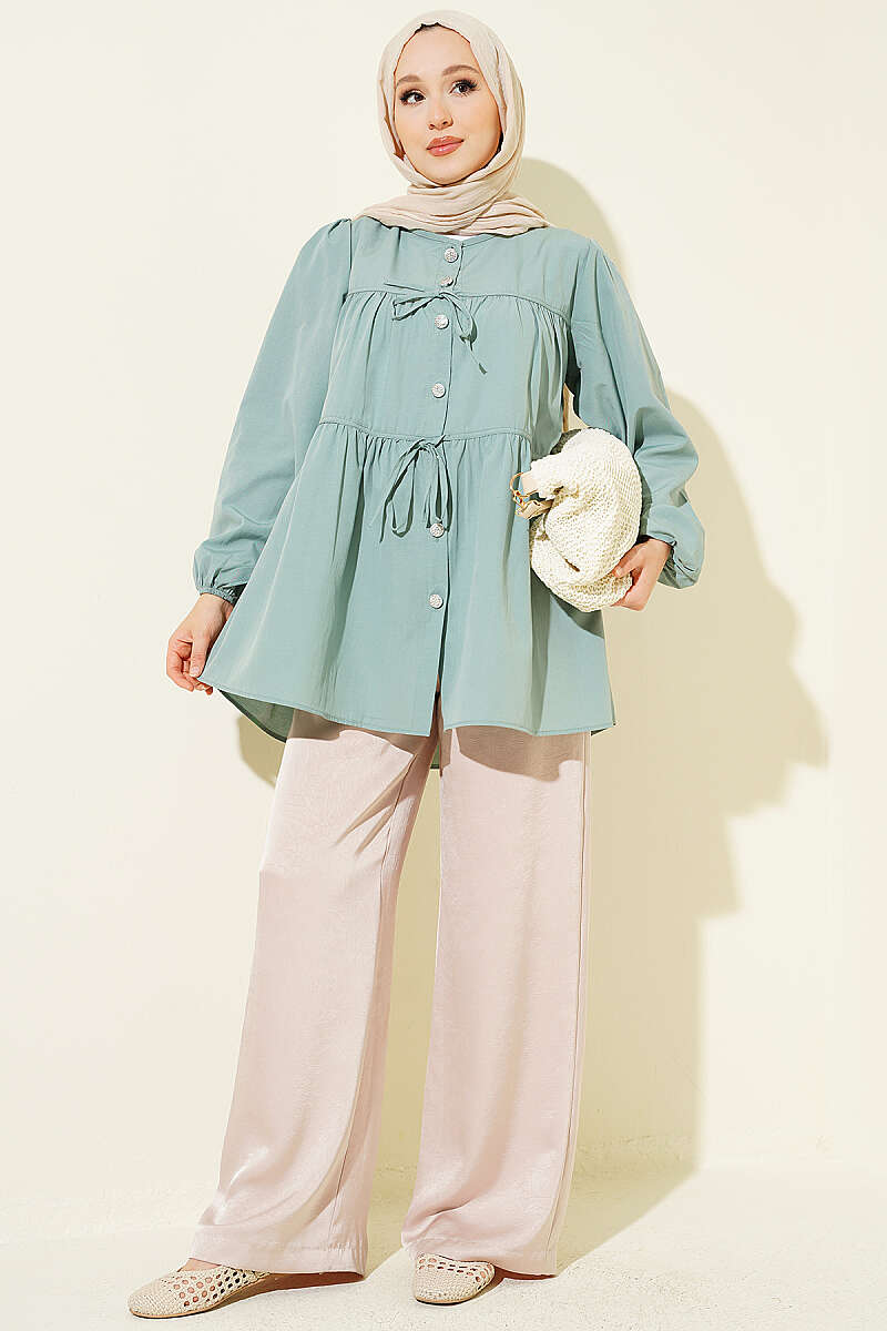 Gathered Shirt with Jewelled Buttons - Mint