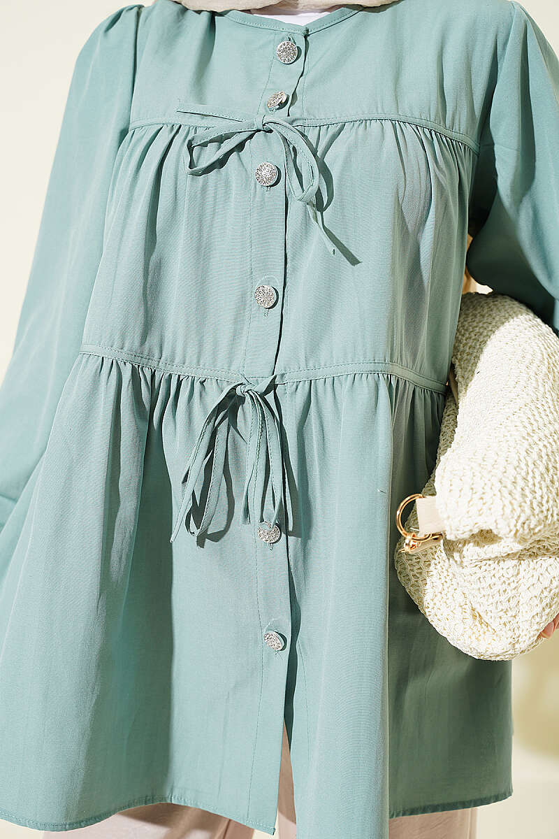 Gathered Shirt with Jewelled Buttons - Mint