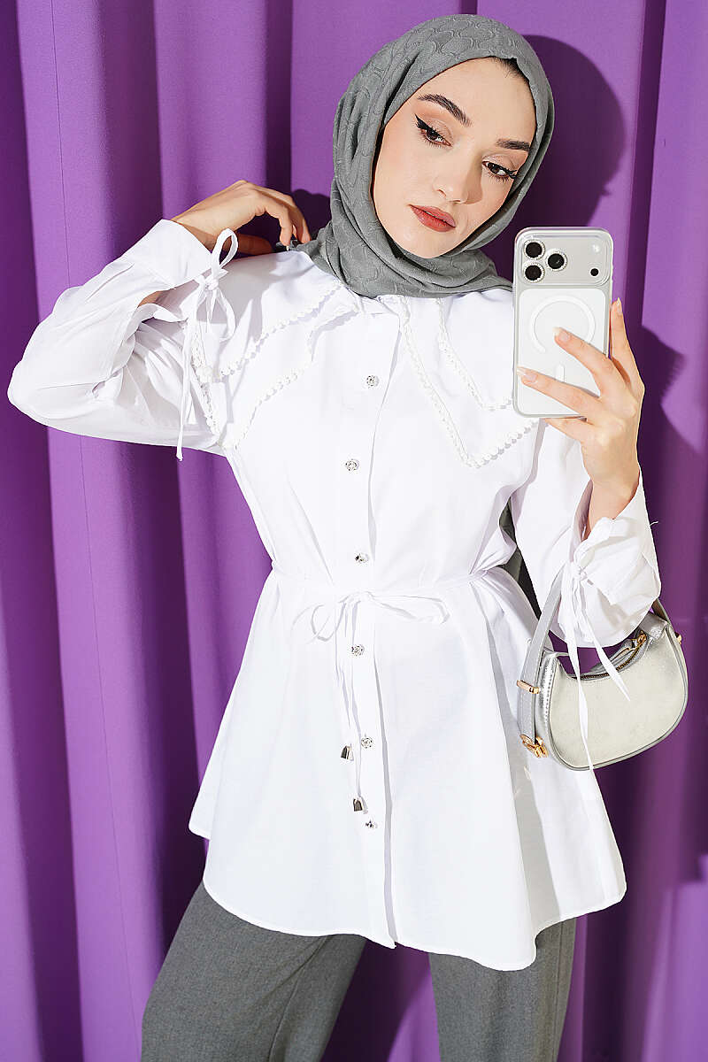 Double Sailor-Collar Shirt with Stone Buttons - White